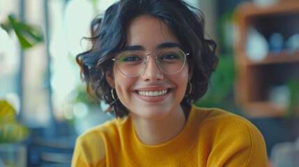 Poster - An attractive youthful latina wearing a yellow jumper poses for a close up portrait in a creative office. A beautifully diverse multiethnic Hispanic woman is happy and smiling in the image.