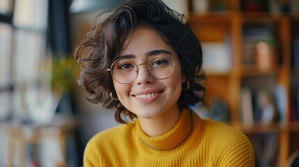Poster - In this close-up portrait, a young Latina with short dark hair and glasses is pictured posing for the camera in a creative office. She is wearing a yellow jumper and is smiling and happy.