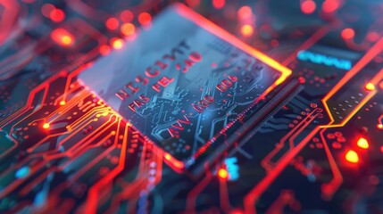 Poster - Close up of a circuit board with red lights. Perfect for technology and electronics concepts