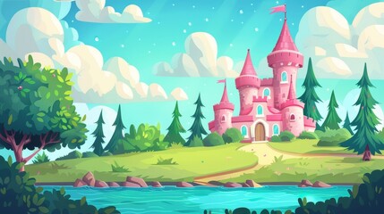 Wall Mural - On a green hillock with blue water surface on a summer day, a pink magical castle with firs surrounds it. A fairytale palace under a cloudy sky. Fantasy medieval architecture, Cartoon modern