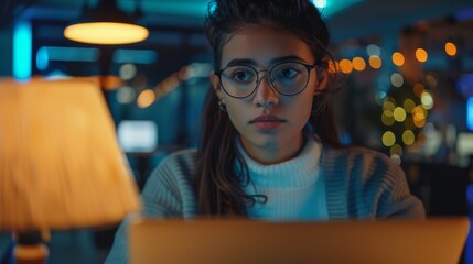 Poster - Beautiful Multiethnic Female Project Manager Browsing Internet in Busy Creative Office Environment. Beautiful Latin Marketing Specialist wearing Glasses works on laptop computer.