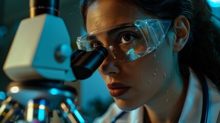 Poster - scientist analyzing biochemical samples under microscope in modern medical research lab. advanced sc