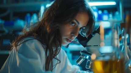 Poster - portrait of female scientist at modern medical research lab, examining biochemical samples under a m