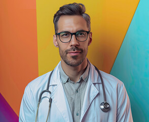 Wall Mural - A serious-looking doctor wearing glasses and a white coat stands in front of a colorful background