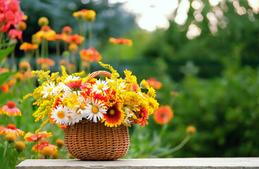 Poster - Summer background. bright colorful flowers in wicker basket on table in garden, abstract natural background. rustic still life with flowers. plants harvest. copy space