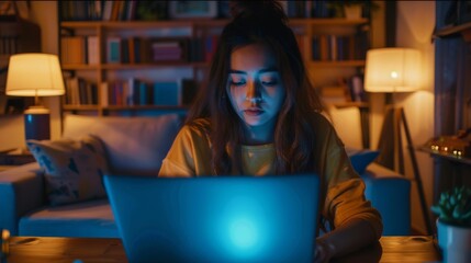 Poster - Authentic Latina Woman using a laptop computer in a cozy dark living room in the evening. She is searching the internet and viewing videos on social networks.