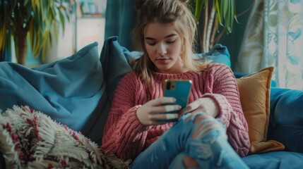 Poster - The attractive Caucasian woman is using her smartphone as she sits on a comfortable couch sofa in her stylish living room. Young woman is on the Internet, using social media apps, and having fun at