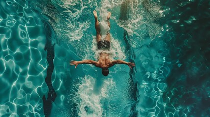 The Aerial Top View shows the male swimmer jumping into the swimming pool and creating a big splash. The view is from the top down.