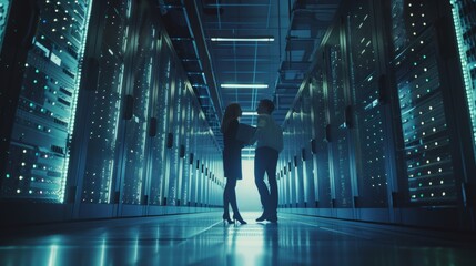 Poster - Women and men working in a cloud computing server farm talk, use laptops. Information Technology Engineer and System Administrator work in big cloud computing servers.