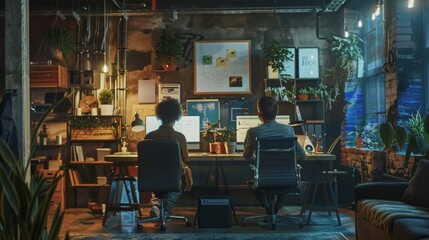 Poster - Two Stylish Employees Working on Computers at a Loft Office. Location in Evening with Plants and Artistic Posters.