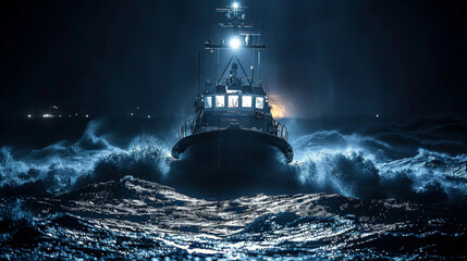 Wall Mural - A large boat is in the water with a bright light shining on it