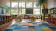 © ISVO - Bright school or kindergarten classroom with square colorful carpet and blackboard on the wall near a sunny window. Cheerful learning space for children, perfect for back-to-school or education themes