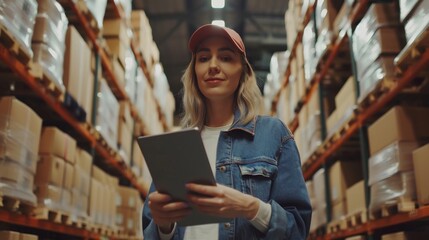 Poster - Beautiful White Manager Working in Logistics Distribution Center, Delivering Online Orders using Tablet Computer.