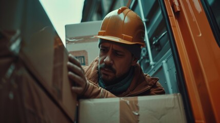 Poster - The Latino worker wears a hard hat, loads cardboard boxes into a delivery truck, and rests. A man who is tired and overworked drives a delivery truck.