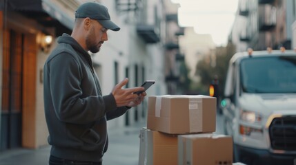 Poster - Logistics Retail Warehouse: Manager Using Tablet Computer, Talking to Worker Loading Cardboard Boxes for Delivery Truck, Online Orders, Food, Medicine Supply, E-Commerce. Evening Shot.