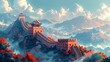 © Premium Graphics - Design an illustration showcasing the majestic beauty and historical significance of the Great Wall of China stretching across rugged landscapes and symbolizing centuries of defense and cultural excha