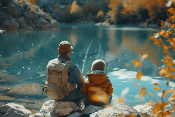 a father and son bonding by fishing fishes on the rocks near a natural lake.