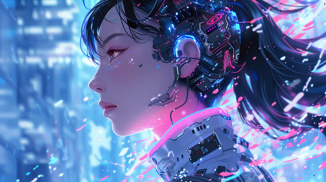 woman with cyberpunk style 3d vr technology background wallpaper cyberpunk hacker girl futuristic hacking Digital technology AI artificial intelligence abstract graphic poster web page PPT background