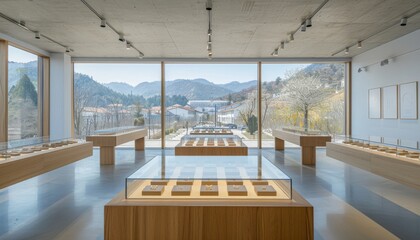 Aufkleber - White walls in a modern office interior with panoramic windows and wooden accents, desks for work. A minimalist design of a contemporary open space at a jewelry company