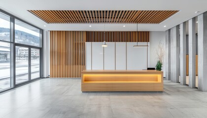 Aufkleber - A modern office interior with white walls, panoramic windows, wooden accents, and functional desks creates a minimalist design for a contemporary