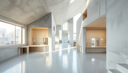 Aufkleber - Wooden coworking interior, complemented by natural light filtering through a window, with a mockup wall for customization