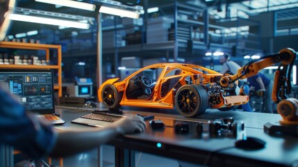 Poster - A project manager speaks to an engineer in an automobile factory office. CAD software, 3D turbine engines, automatic robot assembly lines manufacturing vehicles. Wide shot.