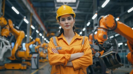 Poster - The Female Chief Engineer of a Car Factory, wearing a hard hat and smiling at the camera. Professional Technician. Robot arm assembly line manufacturing high-tech electric vehicles.