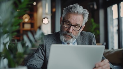 Poster - Senior Businessman Working in Modern Office. Smart and Experienced Manager Working on Diverse Teams. Working on Financial, Marketing, and Commercial Projects.