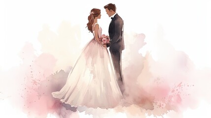 Wall Mural - bride and groom on light background with copy space