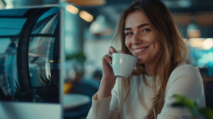 Poster - Young Businesswoman Using Computer in Modern Office with Coworkers. Smiling Stylish Manager Working on Financial and Marketing Project. Drinking Tea or Coffee from a Mug.