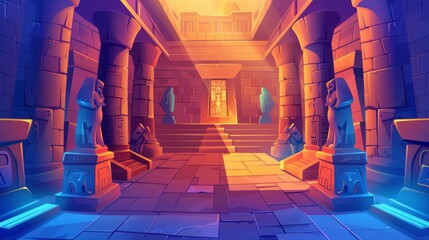 Wall Mural - The interior of a tomb room in Egypt, complete with brick walls, statues, stairs, hieroglyphics, and a warning signboard on the entrance. Illustration of an Egyptian museum and history game. Cartoon