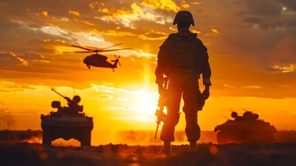 Silhouette of a Soldier at Sunset, Military Vehicles and Helicopter in Background. Dynamic Composition, Warm Colors. A Dramatic Scene of Army Life. AI