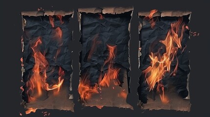 Poster - Stack of burning paper pngs isolated on transparent background. Realistic collection of long sheets on fire. Damaged edges damaged by burning. Black from ashes. Eliminate evidence. Last minute deals.