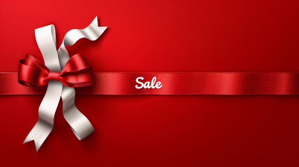 Sticker - A red ribbon with a white bow is elegantly displayed against a vibrant red background