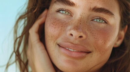 Wall Mural - Portrait of a Caucasian woman touching her authentic, healthy skin on a soft isolated background. Close up of Smiling Caucasian woman with brown hair and light green eyes touching her authentic,