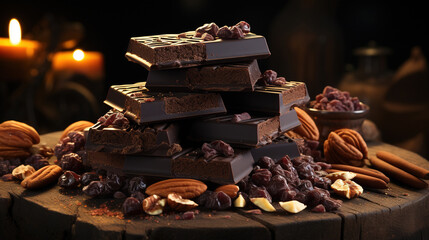 Delicious Chocolates And Nuts on Table With Candles on Dark Blurry Colorful Background