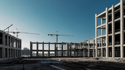 Poster - construction site for a large building in city with blue sky background