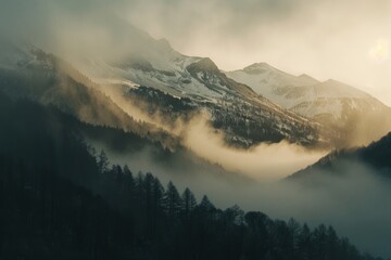 Wall Mural - distant mountain range with snowcapped peaks, during sunrise, in muted colors Generative AI