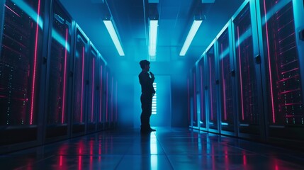 Poster - Using a tablet computer for working as a data center IT specialist. Cloud computing facility with a system administrator on site. Cyber security network for data protection engineers.