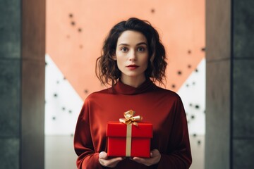 Poster - Portrait of a satisfied woman in her 20s holding a gift in modern minimalist interior