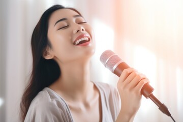 Wall Mural - Portrait of a blissful asian woman in her 20s dancing and singing song in microphone in modern minimalist interior