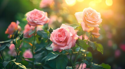 Sticker - Sun-kissed Pink Roses in Full Bloom, Captured at Golden Hour. Ideal for Romantic and Spring Themes. Nature's Beauty Emphasized in Soft Light. Perfect for Decor and Postcards. AI