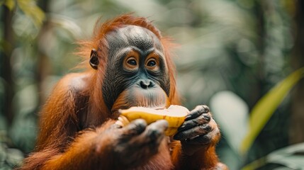Wall Mural - An orangutan with deep, thoughtful eyes holds half a banana, poised to take another bite amidst verdant foliage.