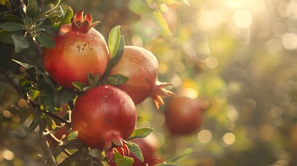 Sticker - Ripe pomegranates hanging on a sunlit branch. Nature's bounty in golden light. Fresh, organic fruit ready for harvest. Vibrant colors captured in a serene setting. AI