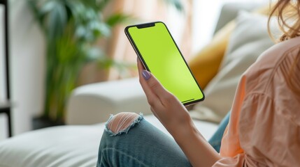 Poster - Over the shoulder photograph of a female hand holding a smartphone with green screen mock up display. Female is relaxing at home, watching videos and reading social media posts on a mobile device.