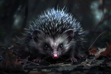 Wall Mural - A small hedgehog standing in a pile of leaves. Suitable for nature and wildlife themes