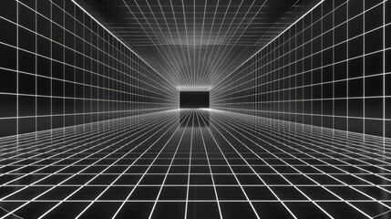 Poster - This is a 3D perspective of a black wireframe room background. It is a modern realistic rendering of a rectangle box interior with walls, ceiling, floor, corners. This is an abstract virtual space.