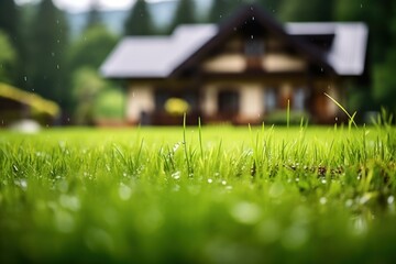 Wall Mural - Morning dew on green grass, raindrops, lawn in front of a house.