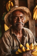 Joyful farmer with bananas, warm golden lighting, happy expression, closeup in a rustic setting