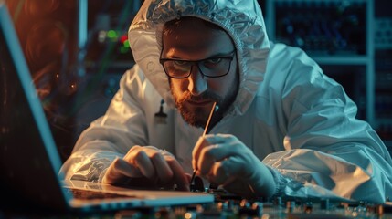 Wall Mural - An Engineer in a coverall is working on a laptop computer, examining a circuit board with microchips and typing data. A technician is testing a new electrical device.